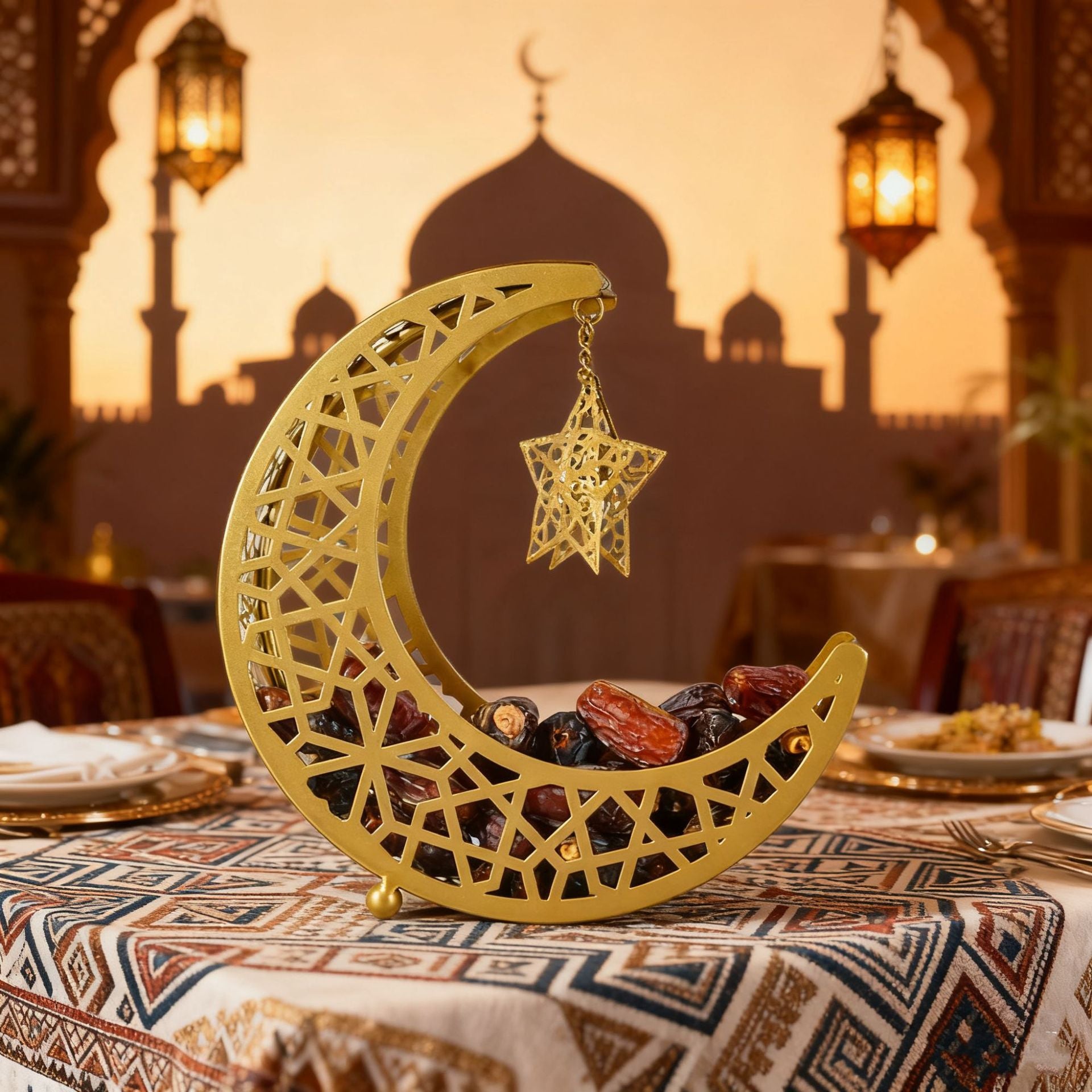 Ramadan Eid Crescent Dates Holder with Dates are Arranged in a Table.