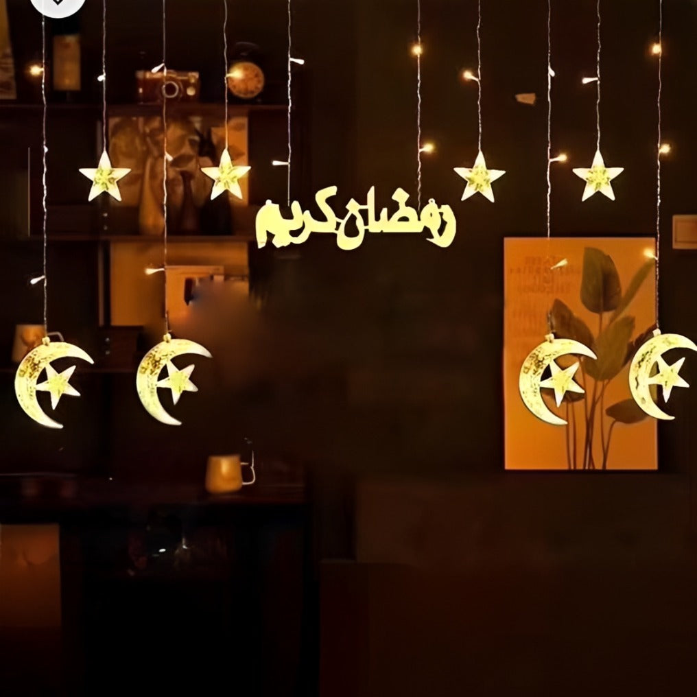 Ramadan Kareem LED String Light with Moon & Star Decor is Hanged inside a House.