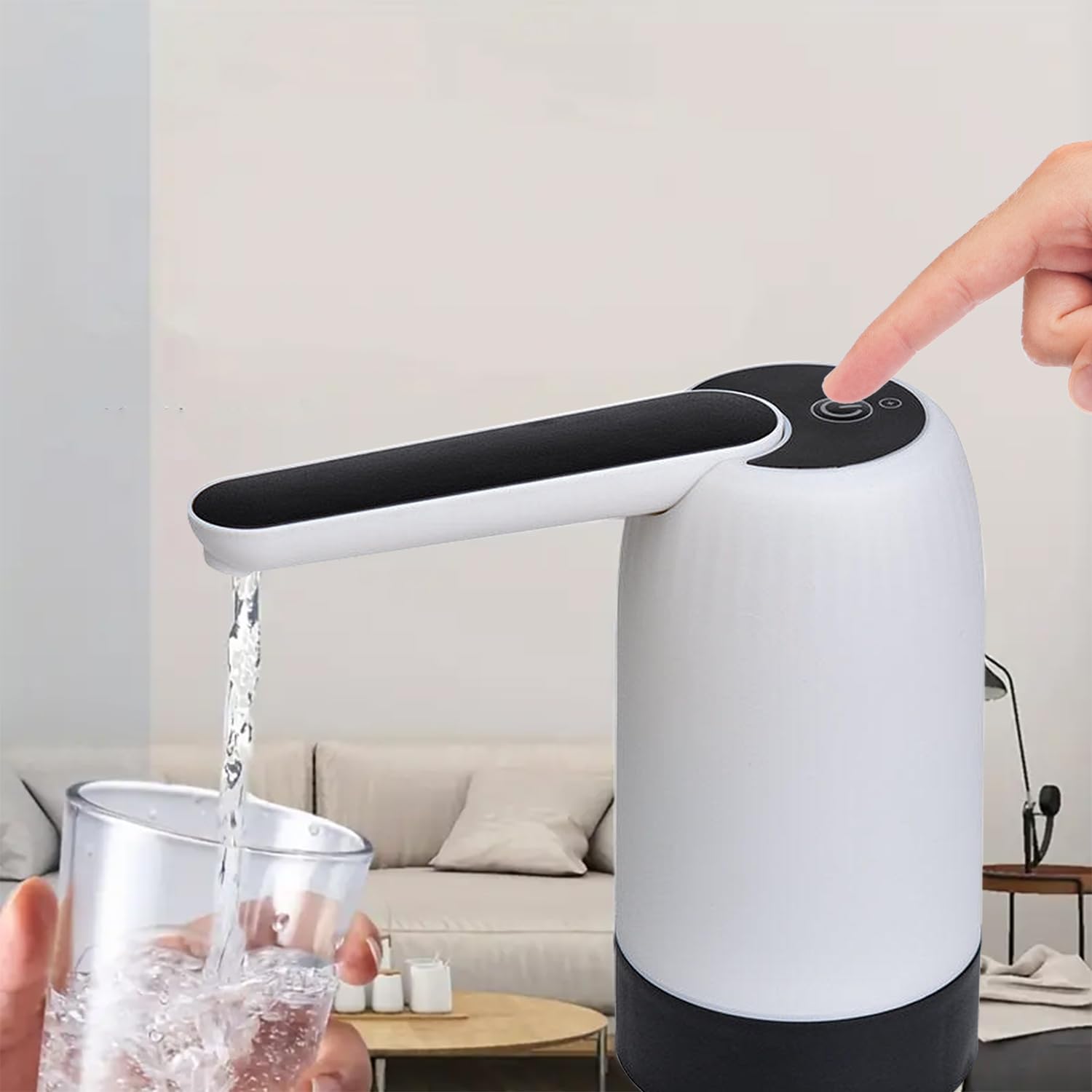 A Person is Pressing the Button Of Rechargeable Electric Water Dispenser Pump and Collecting Water.