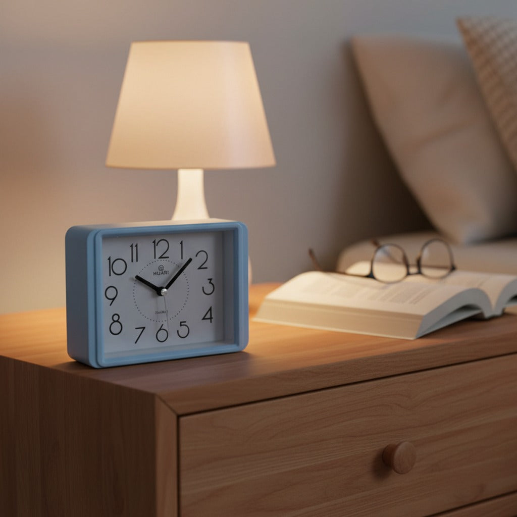 Rectangular blue alarm clock placed on a wooden side table in a modern bedroom.