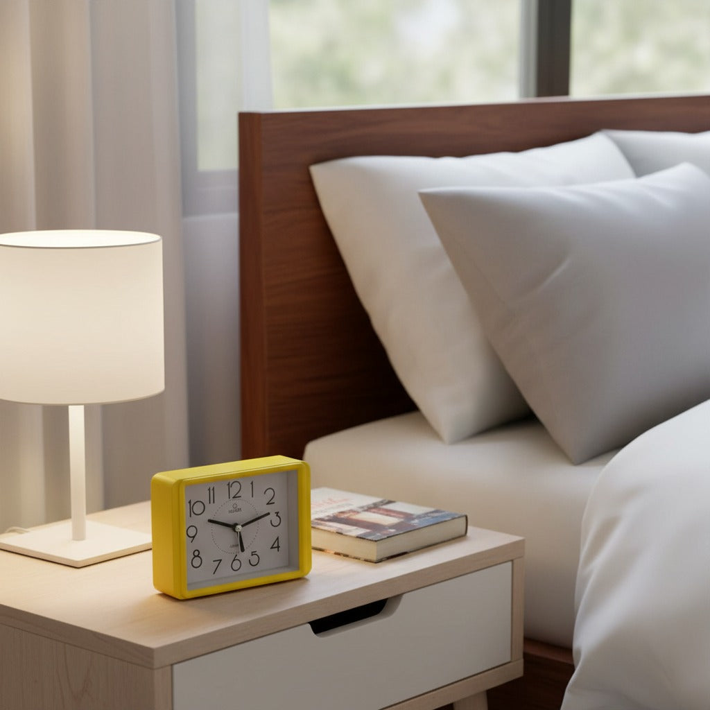 Rectangular alarm clock placed on a wooden side table in a modern bedroom.