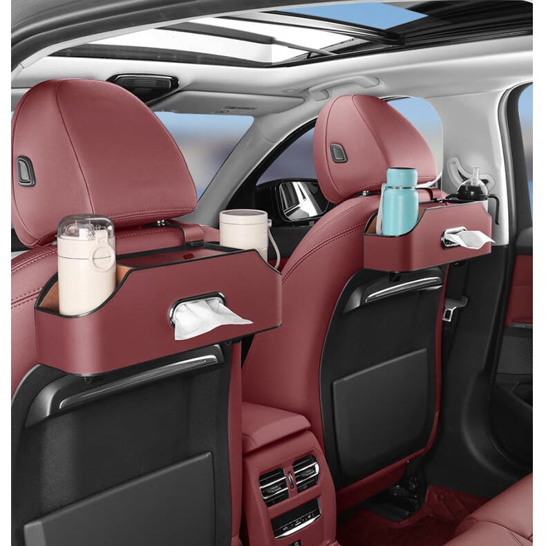 Red Car Seat Headrest Storage Organizer Box Organized With Bottles and Tissues.