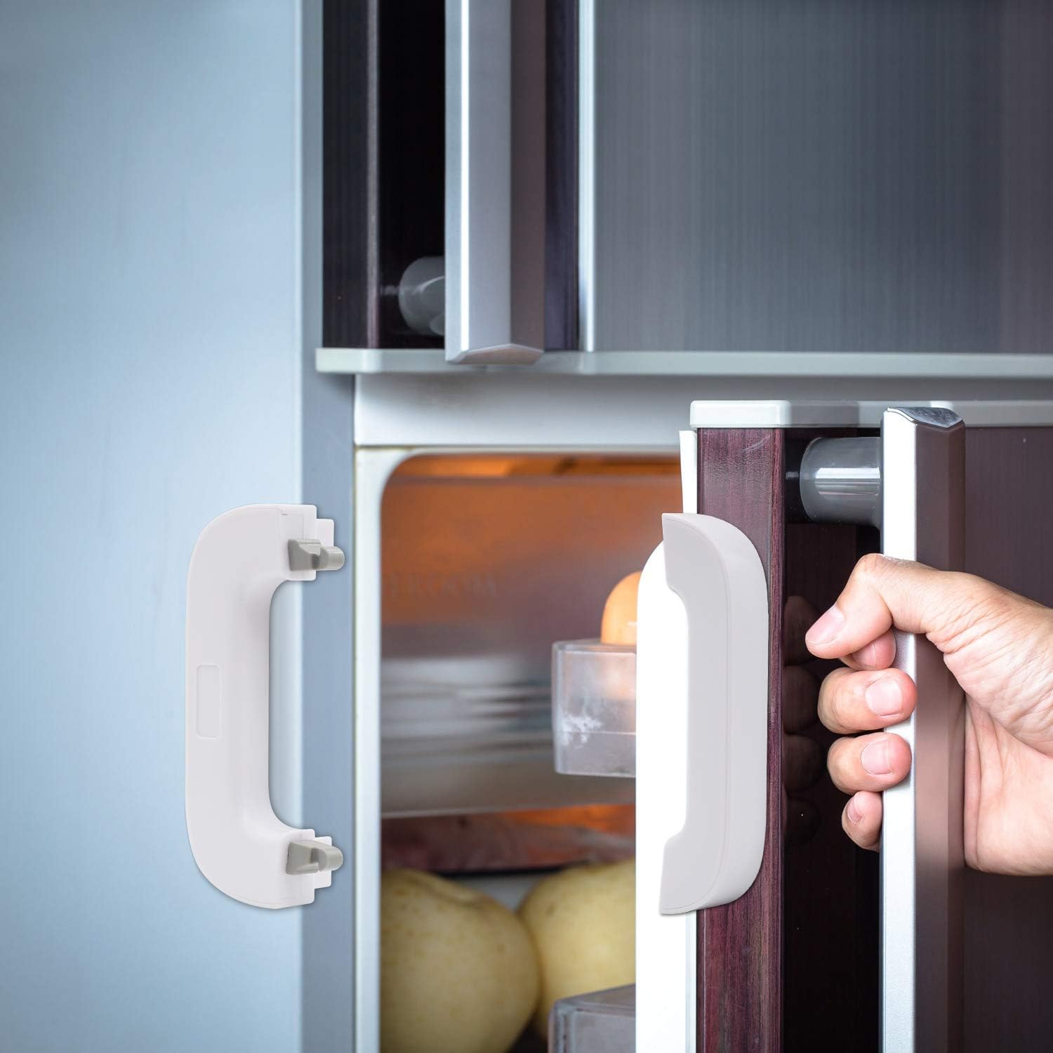 Hand opening a refrigerator door with Refrigerator Child Safety Lock, showing the interior.