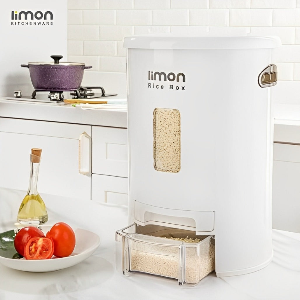 A Rice Box with Measuring is Placed at Kitchen Countertop.