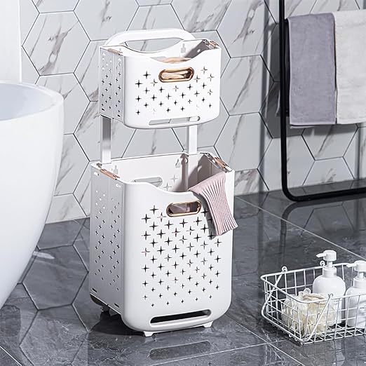 2 Tier Laundry Baskets with Wheels placed on the floor