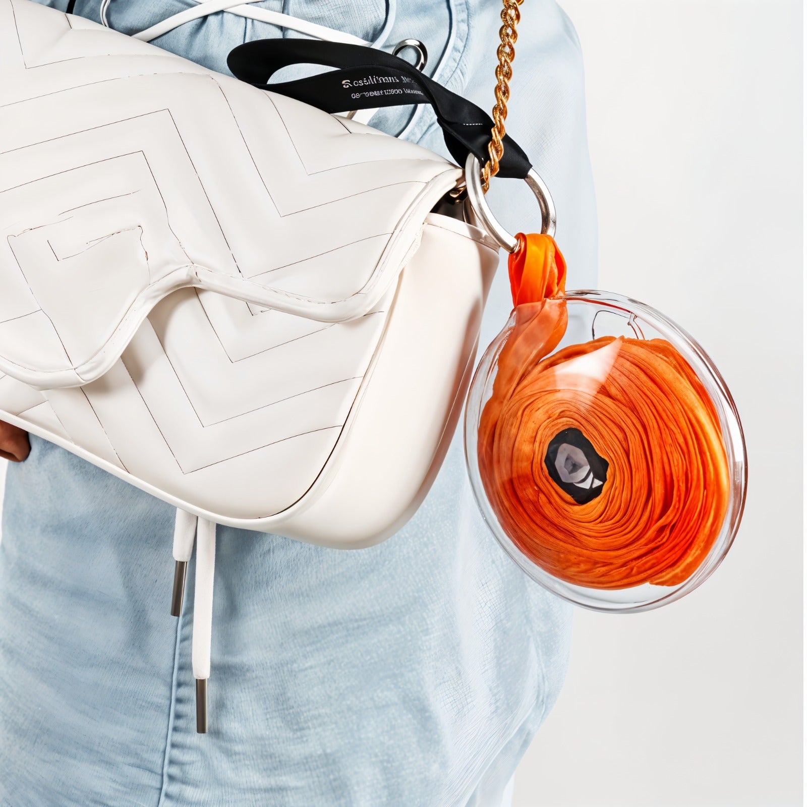 A Roll Up Shopping Storage Bag is Hanged on Woman Sling Bag.