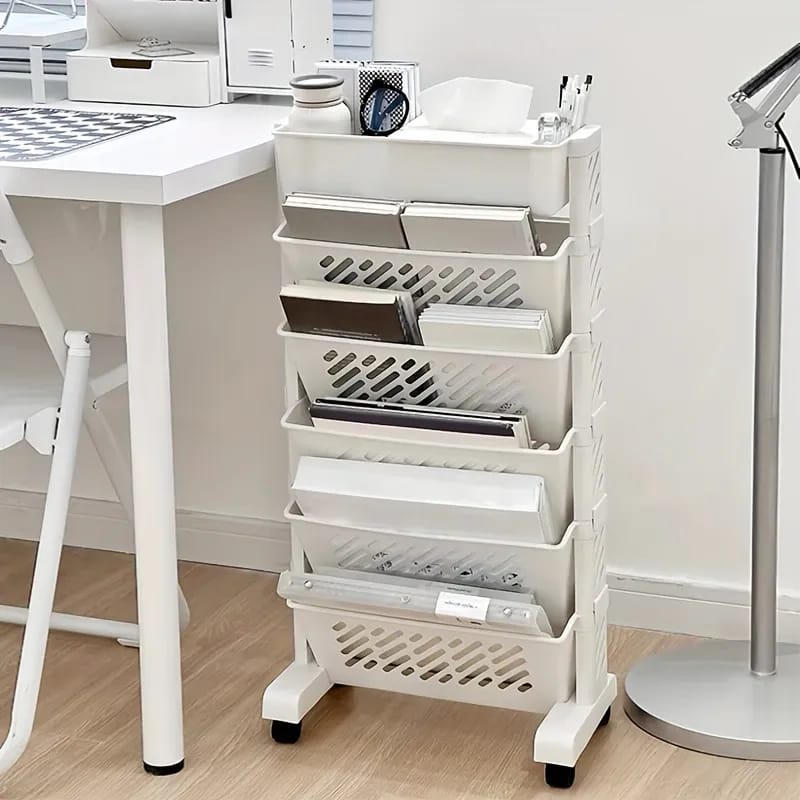 A Rolling Bookshelf Rack Is Organized with Books.