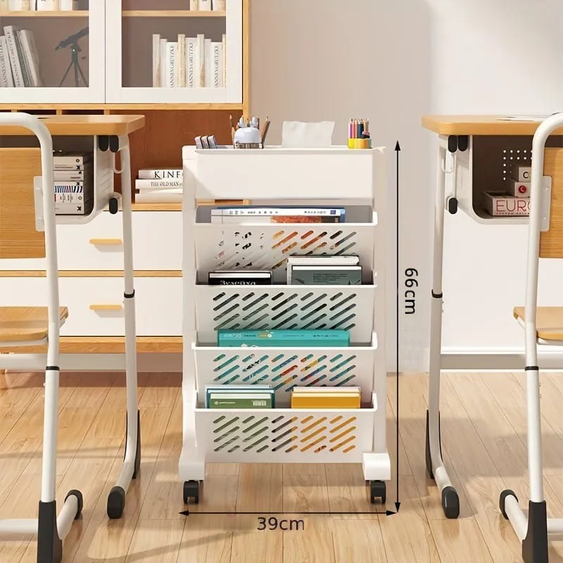 Size Of A Rolling Bookshelf Rack Is Organized with Books.