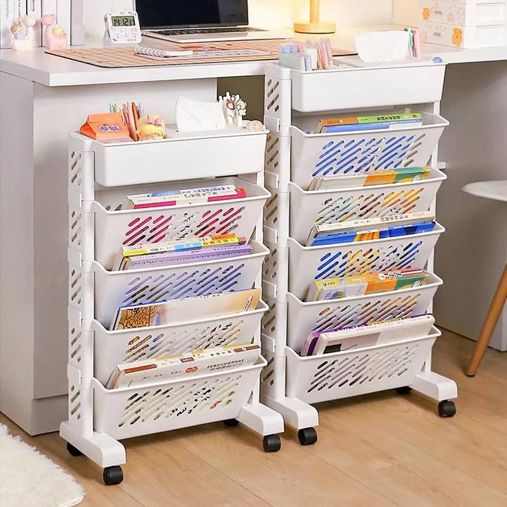 Two Rolling Bookshelf Rack Is Organized with Books.