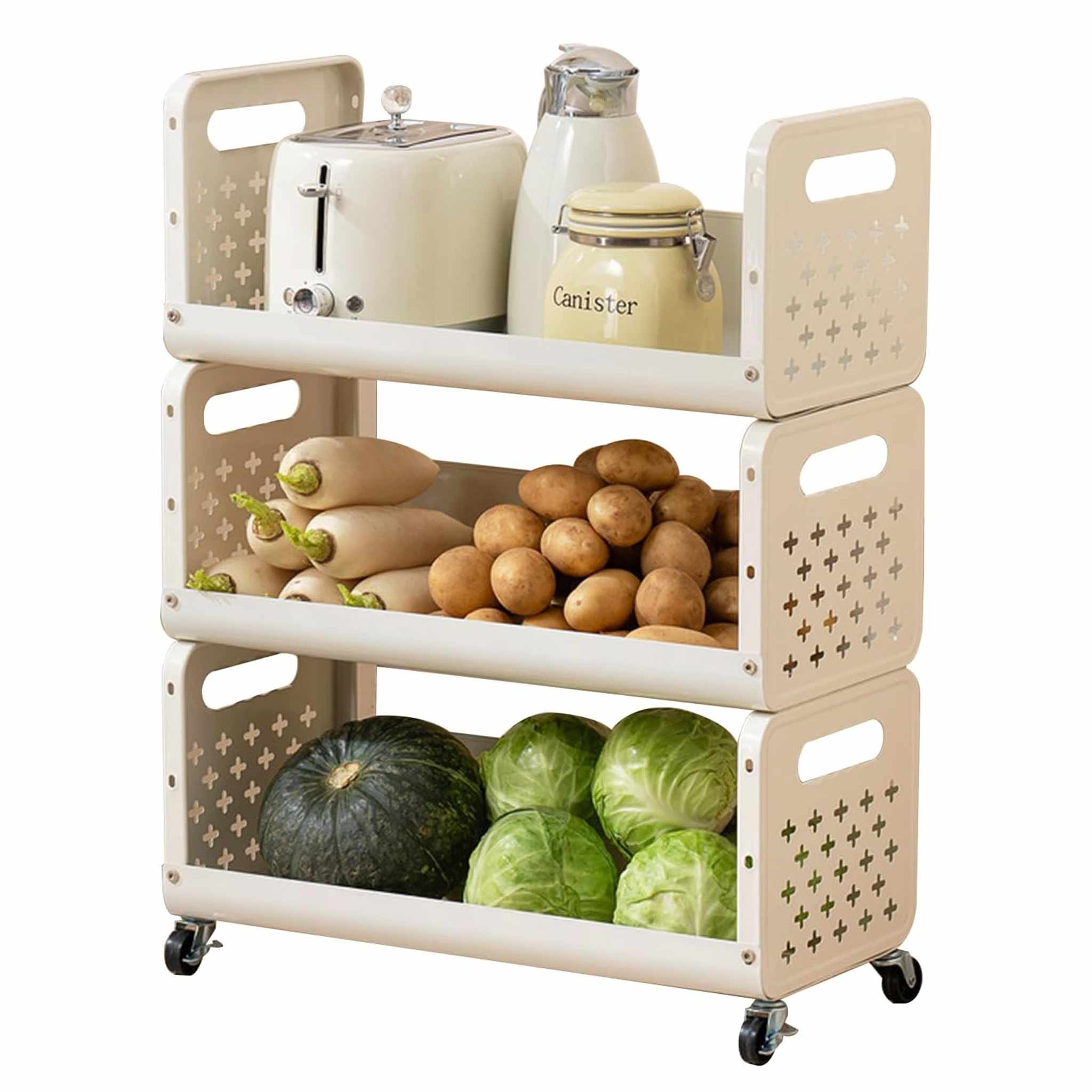 Rolling Metal Storage Cart Organized with Vegetables and Kitchen Essentials.