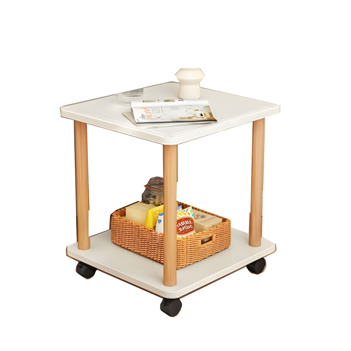 A Rolling Side Table with Storage Shelf. Organized with Some Home Needs.
