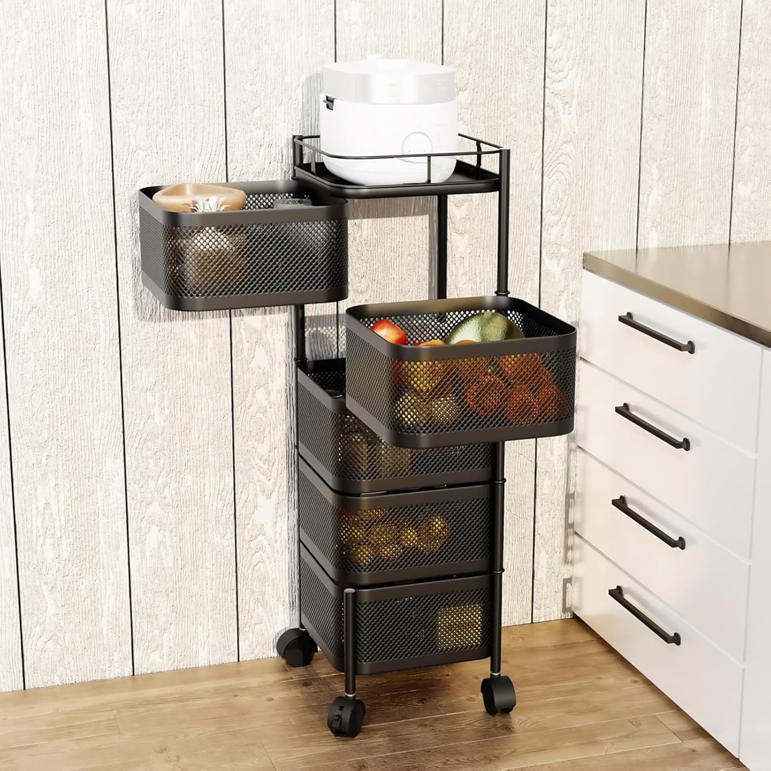 Rotating Square Kitchen Storage Rack with multi-layer metal baskets,organizing fruits, vegetables, utensils, and kitchen appliances in compact spaces.