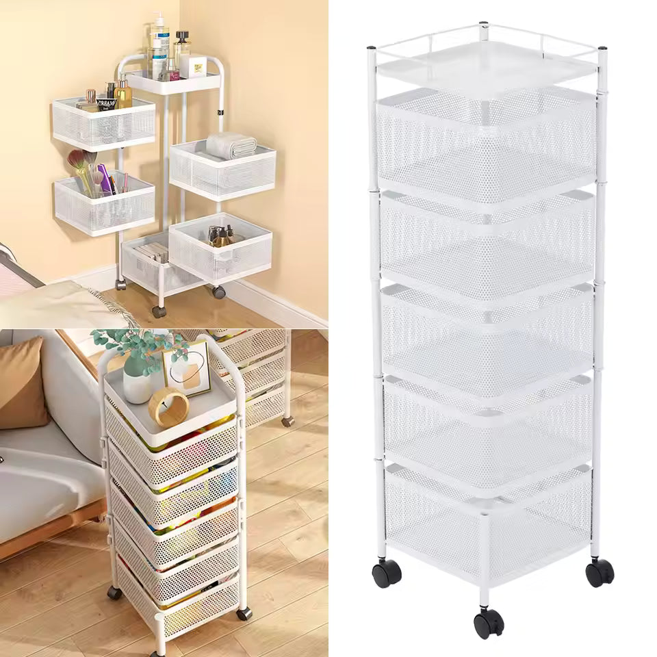 Rotating Square Kitchen Storage Rack with multi-layer metal baskets,organizing shower essentials.