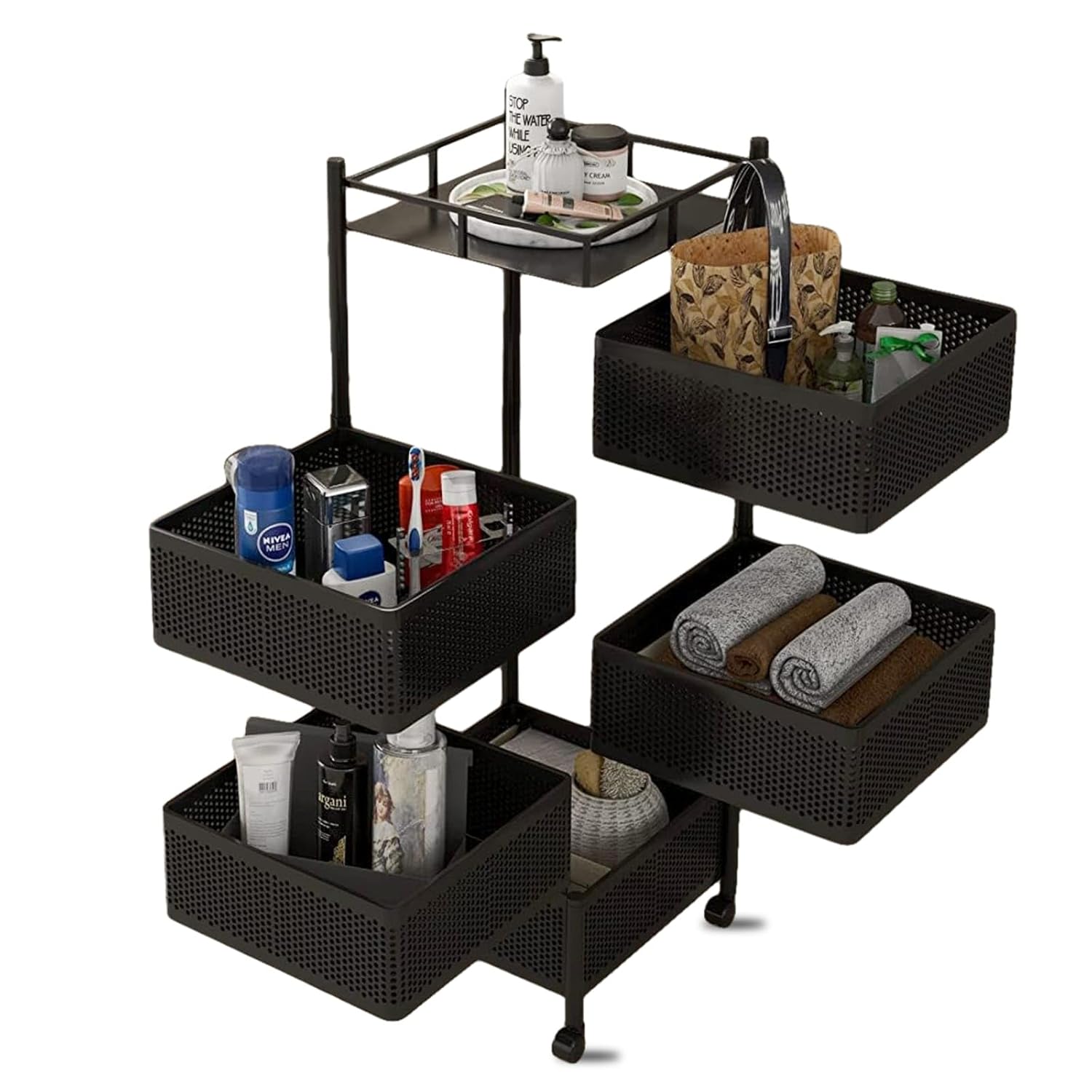 Rotating Square Kitchen Storage Rack with multi-layer metal baskets,organizing Cosmetics and shower essentials.