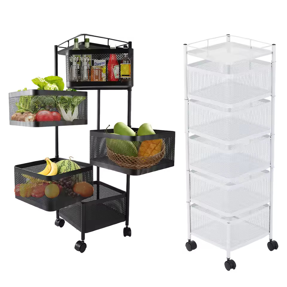 Rotating Square Kitchen Storage Rack with multi-layer metal baskets,organizing fruits, vegetables, utensils.