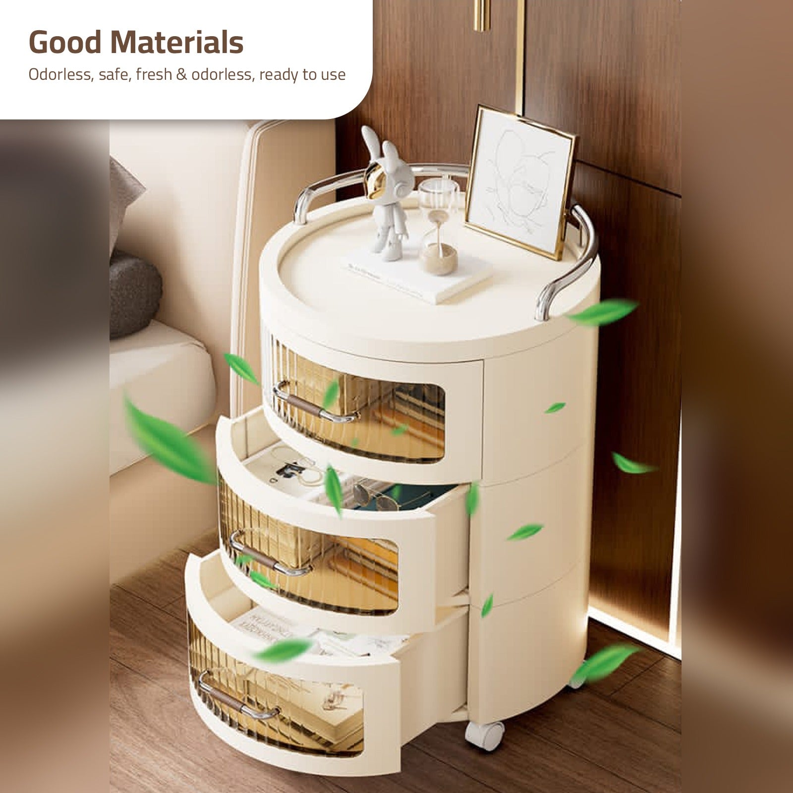 Round Rolling Storage Cabinet Organized with Books and Decor Items.