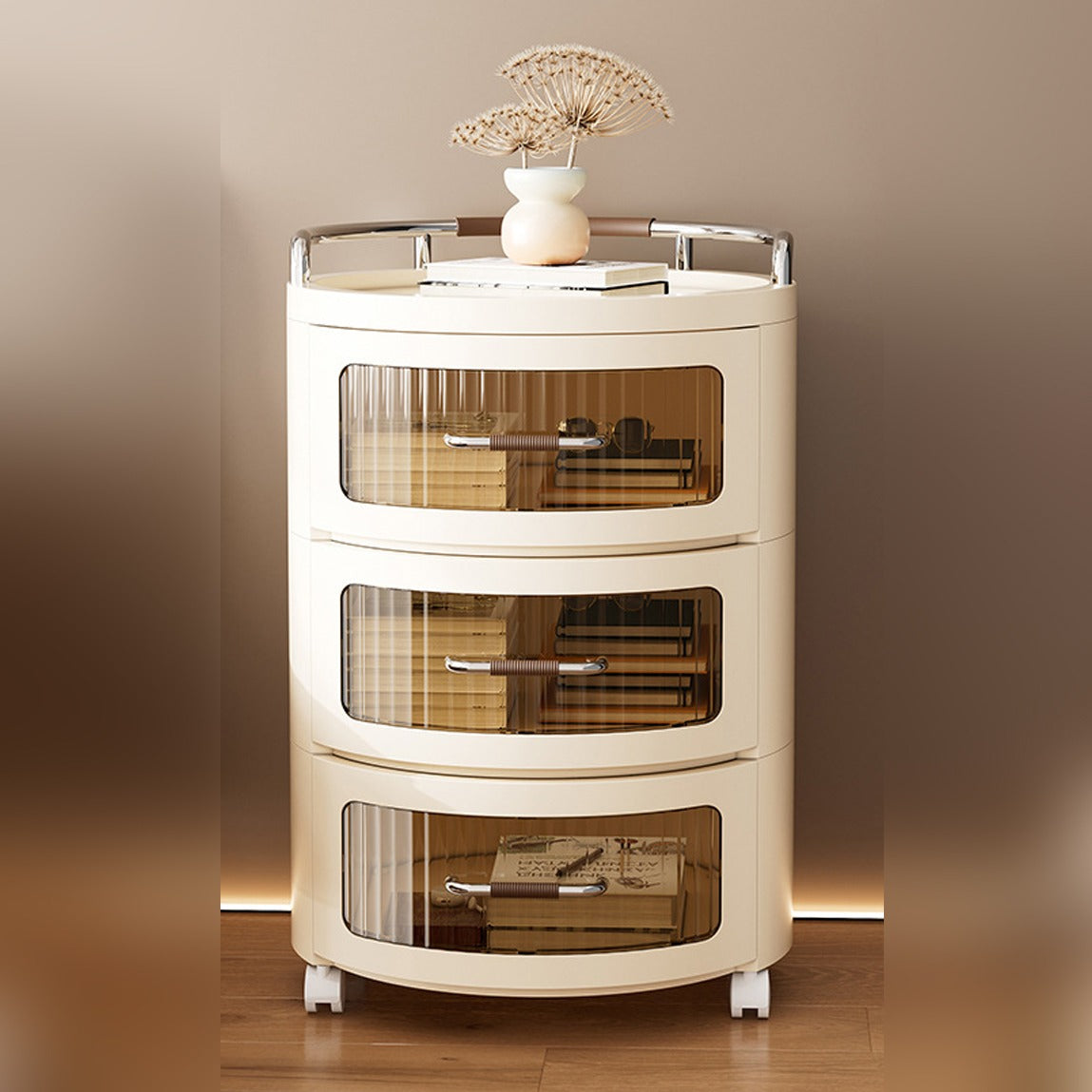 Round Rolling Storage Cabinet Organized with Books and Home Decor.