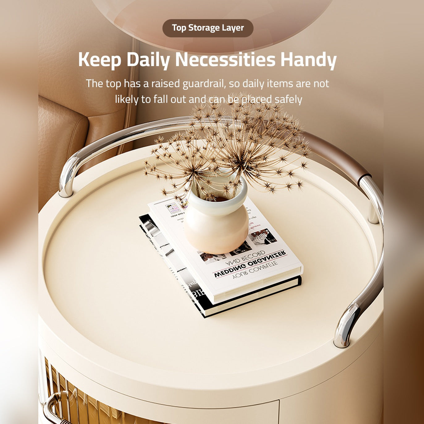 Top Of Round Rolling Storage Cabinet Organized with Decor Items.