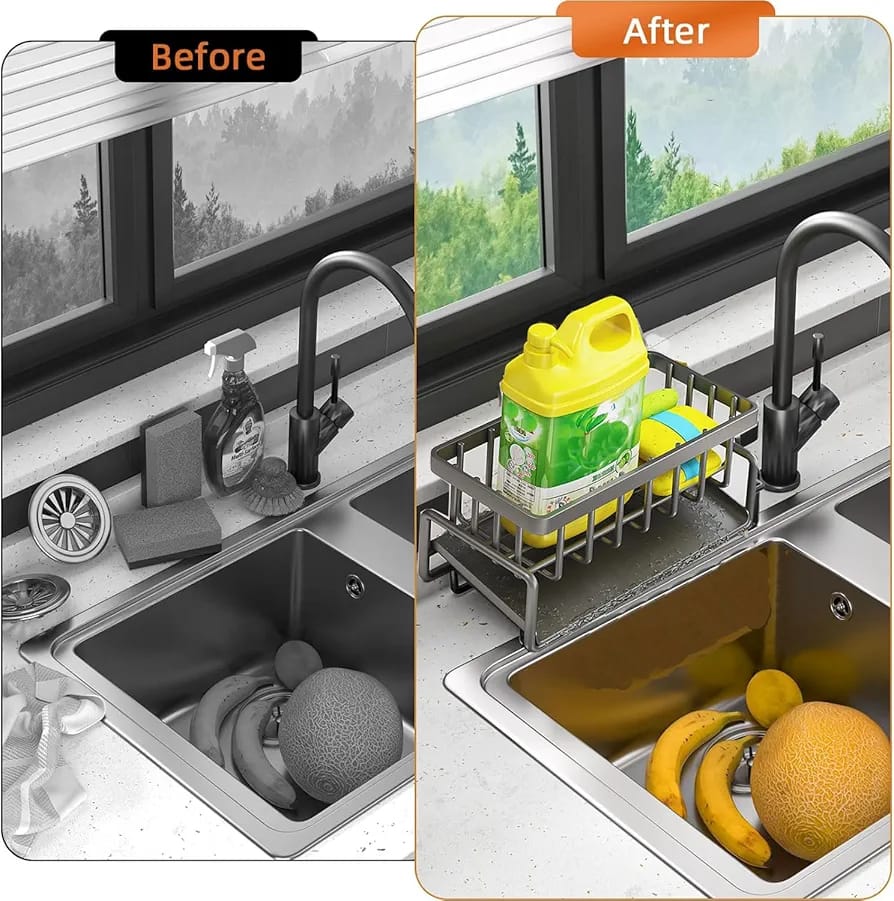 Before nd After Use Of Rustproof Stainless Steel Sink Organizer Rack.