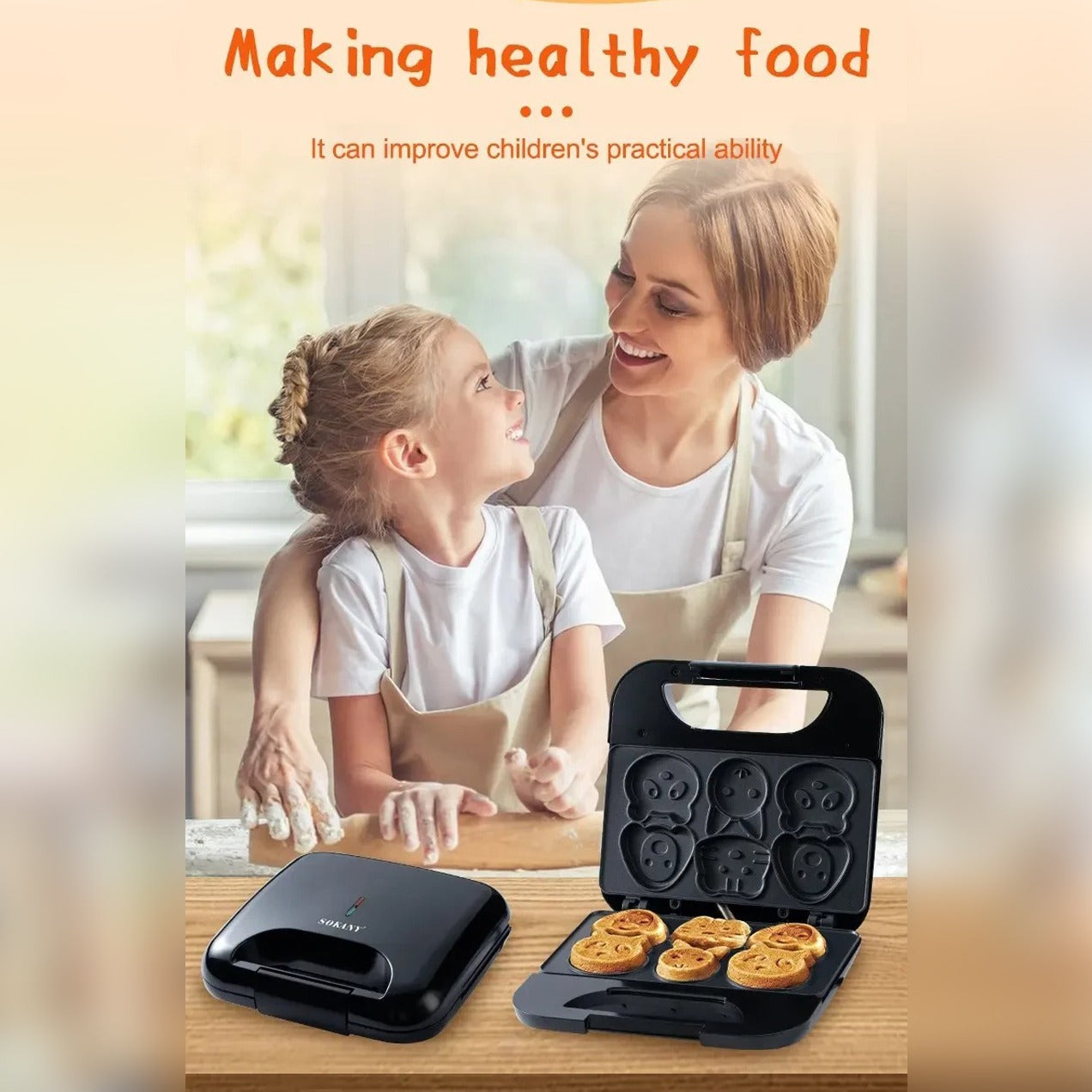 Woman and child making cookies together with a SOKANY Cartoon Cookie Maker on a wooden surface.