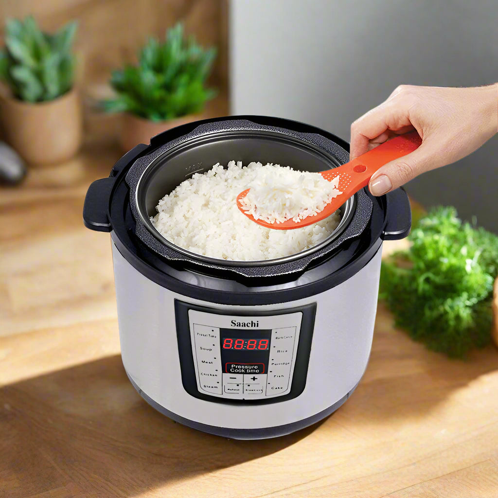 A Person is Cooking Rice On Saachi 10L Electric Pressure Cooker.