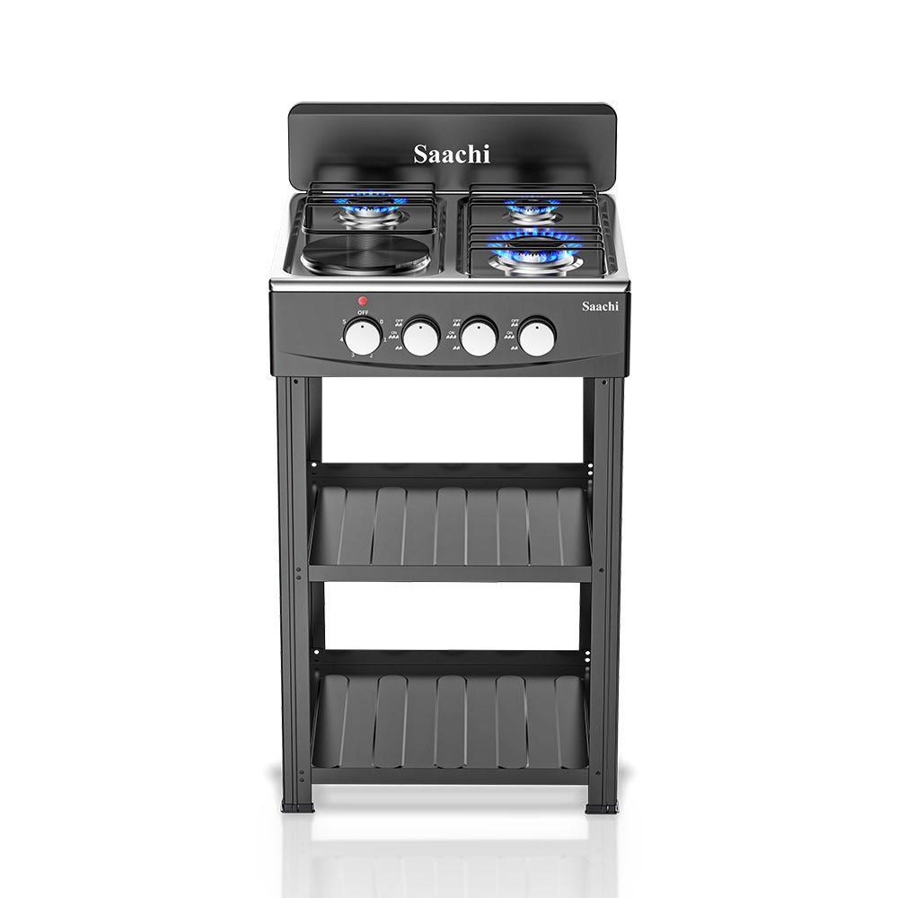 A Saachi 3-burner gas stove with an integrated electric hot plate, featuring adjustable control knobs and two lower storage racks, placed on a white background.