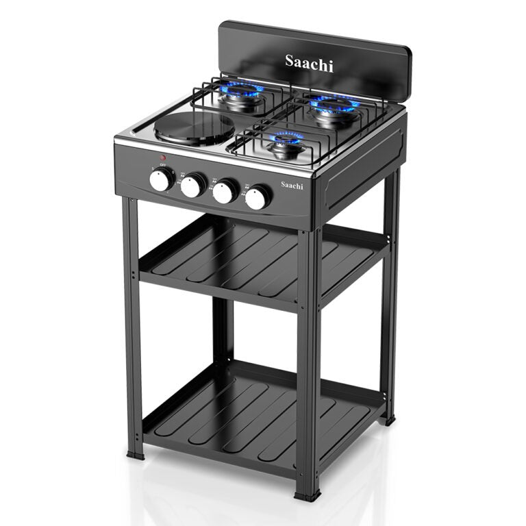 A Saachi 3-burner gas stove with an integrated electric hot plate, featuring adjustable control knobs and two lower storage racks, placed on a white background.