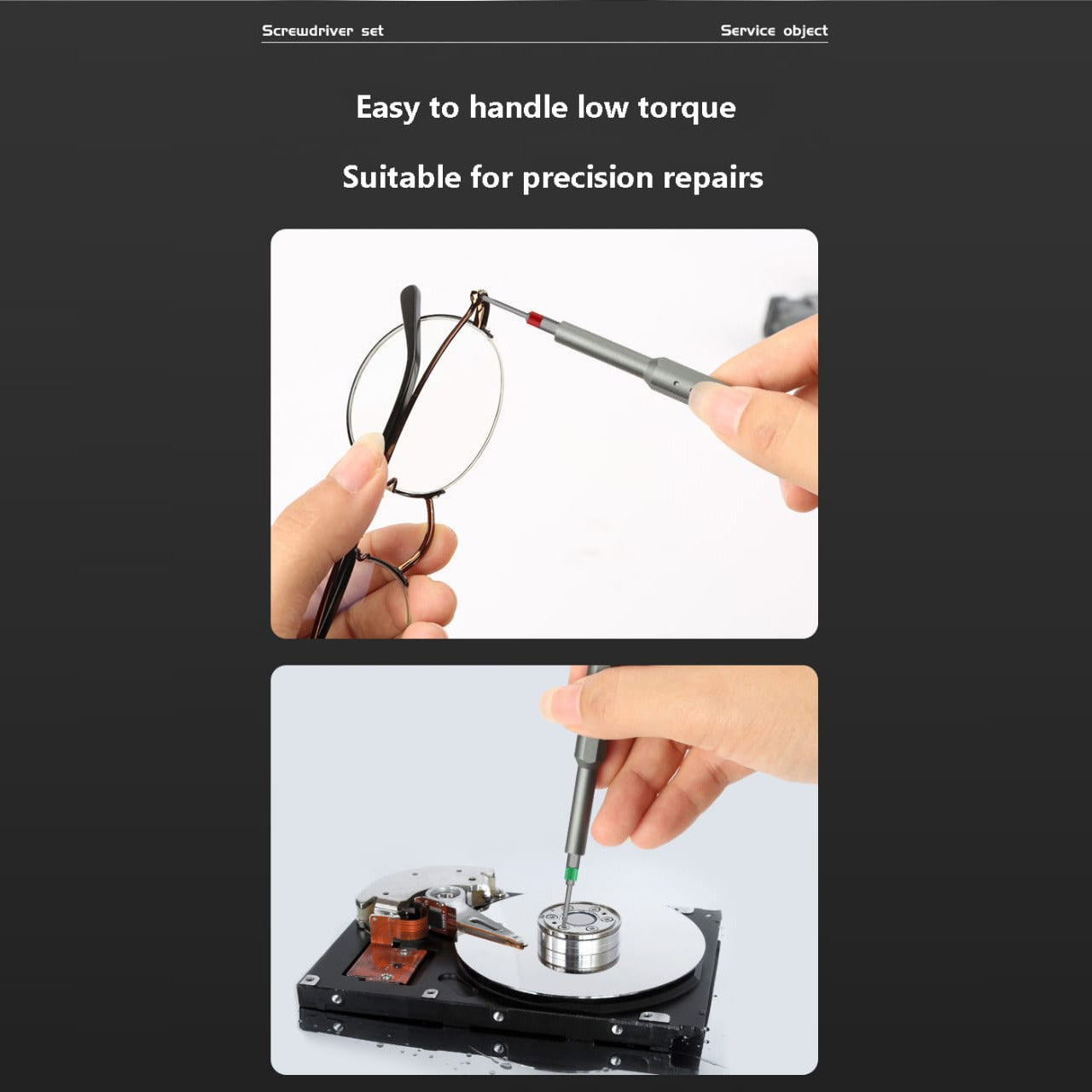 Repairing eye wear and electronics using Multi-Bit Precision Screwdriver Set.