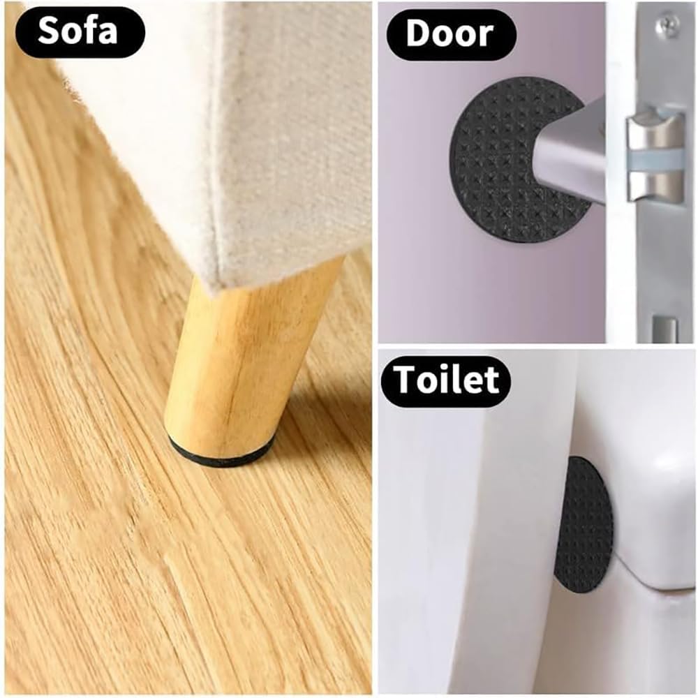 Collage showing black Self-Adhesive Furniture Pads in use: one under a sofa leg on a wood floor, one on a door hinge, and one on a toilet, with labels 'Sofa', 'Door', and 'Toilet'.