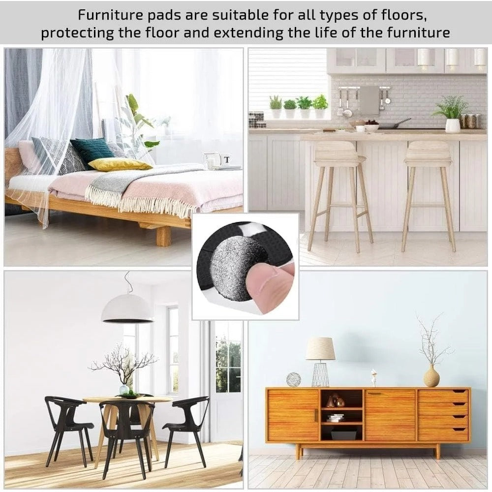 A collage showing furniture pads in use across multiple interior scenes: a bed with bedding, kitchen bar stools, dining table with chairs, and a wooden sideboard. A small inset shows a close-up of the pad material texture.