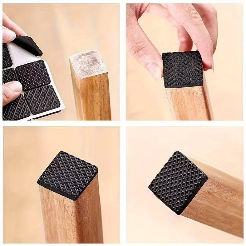 Black furniture pads being applied to wooden furniture legs.