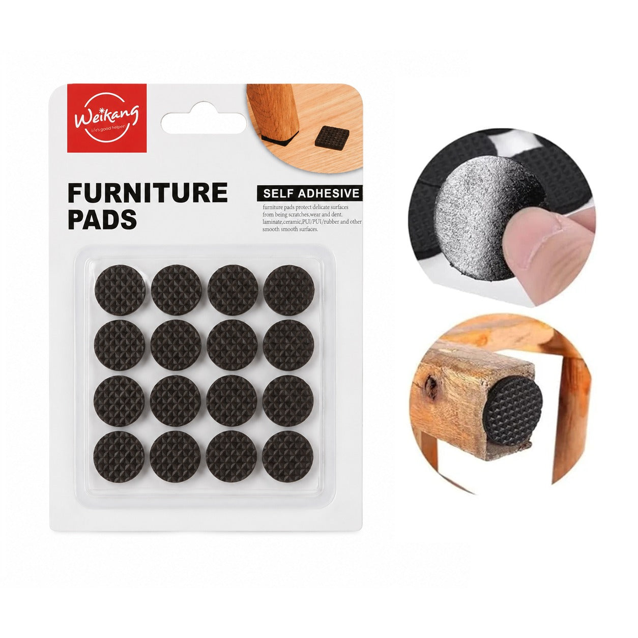 A package of 16 black Self-Adhesive Furniture Pads on a white blister card, with two circular inset images demonstrating self-adhesive use on a surface and against wood.