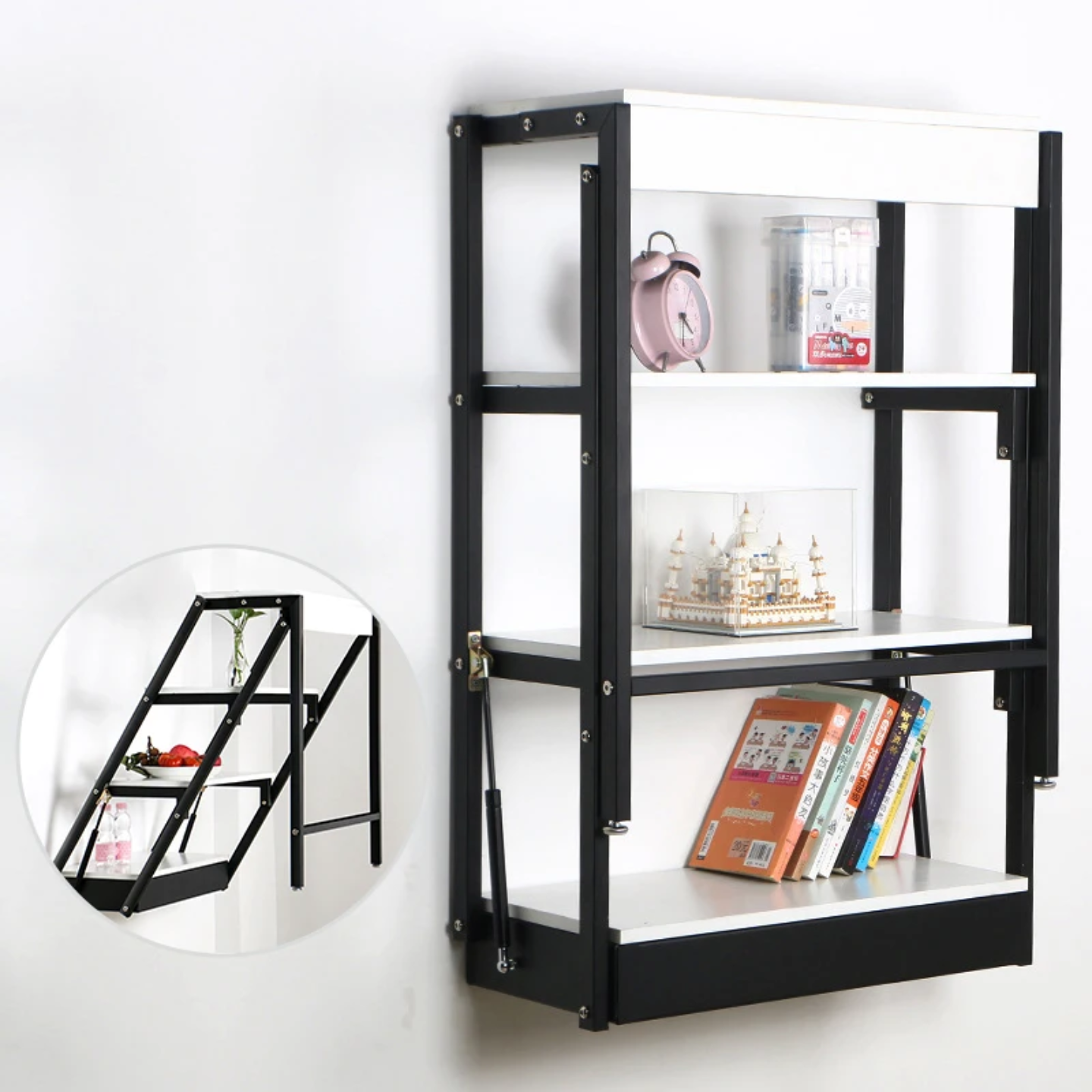 A Wall Mounted Folding Table is Converted to Shelf Rack.