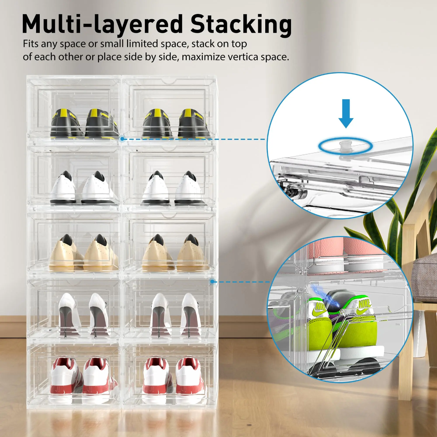 Shoes are Organized at Stackable Transparent Shoe Box Organizer.