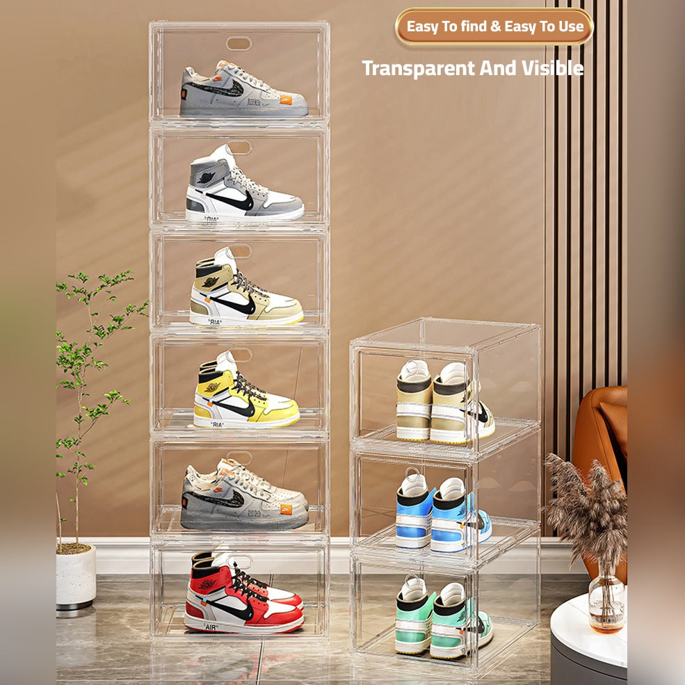 Shoes are Organized at Stackable Transparent Shoe Box Organizer.