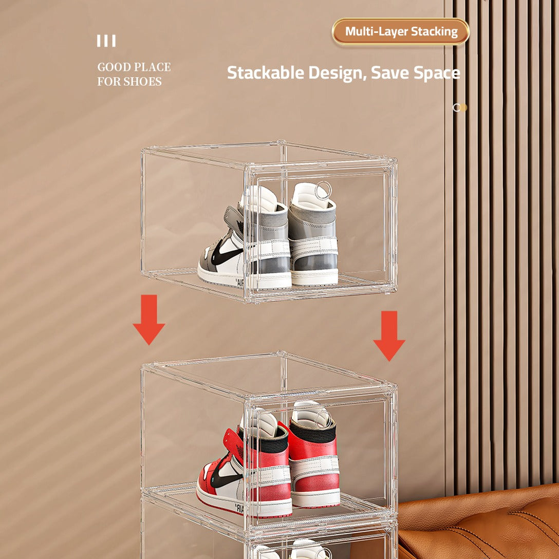 Shoes are Organized at Stackable Transparent Shoe Box Organizer.