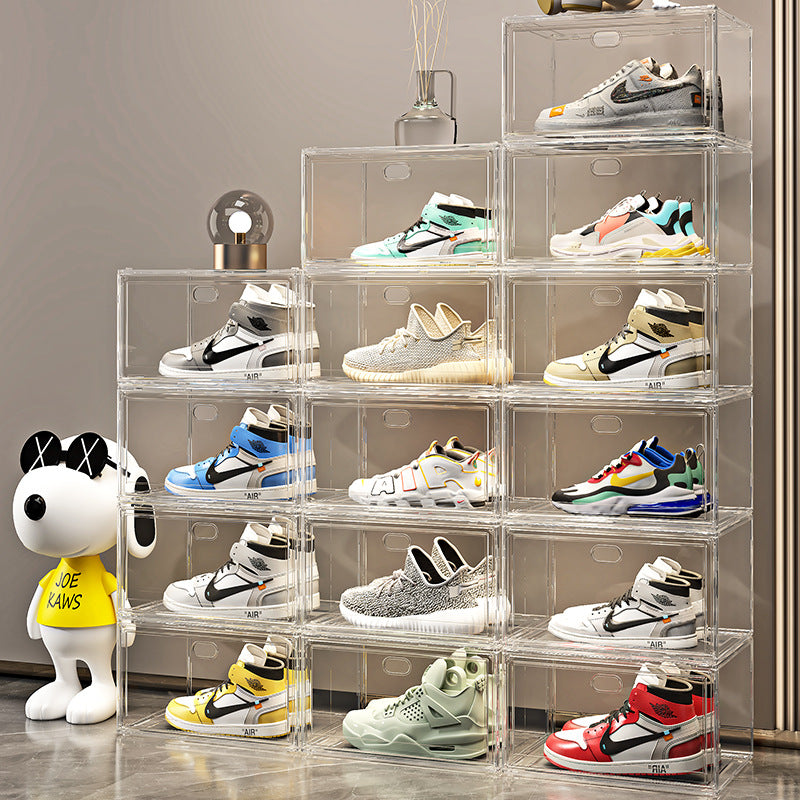 Shoes are Organized at Stackable Transparent Shoe Box Organizer.