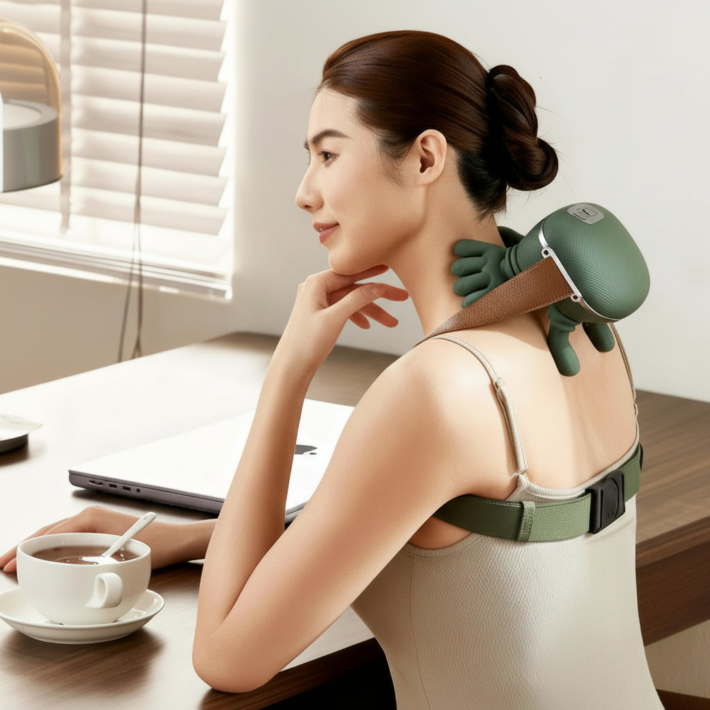 A Woman is Wearing Shoulder & Neck Massager While in the Office.