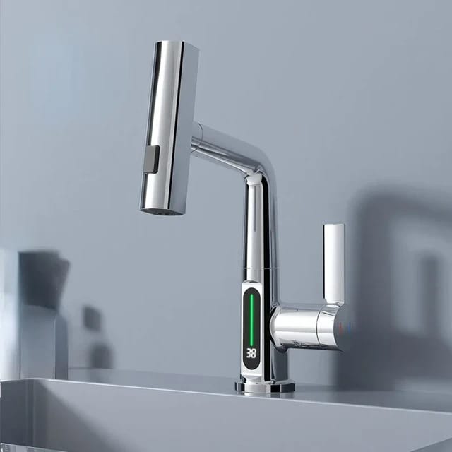 Silver Digital Display Pull Type Kitchen Faucet.