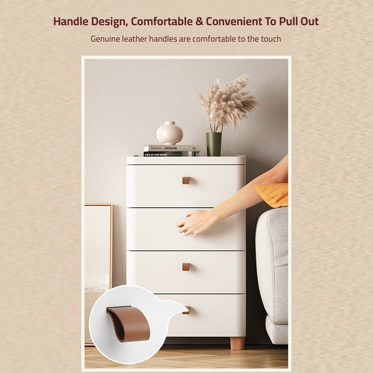 A Person is Trying to Open Simple Narrow Drawer Type Storage Stand.