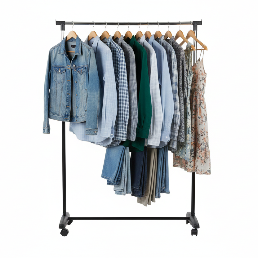 Dresses are Organized in a Single Garment Rack.