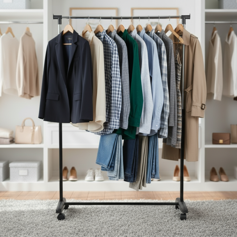 Dresses are Organized in a Single Garment Rack.