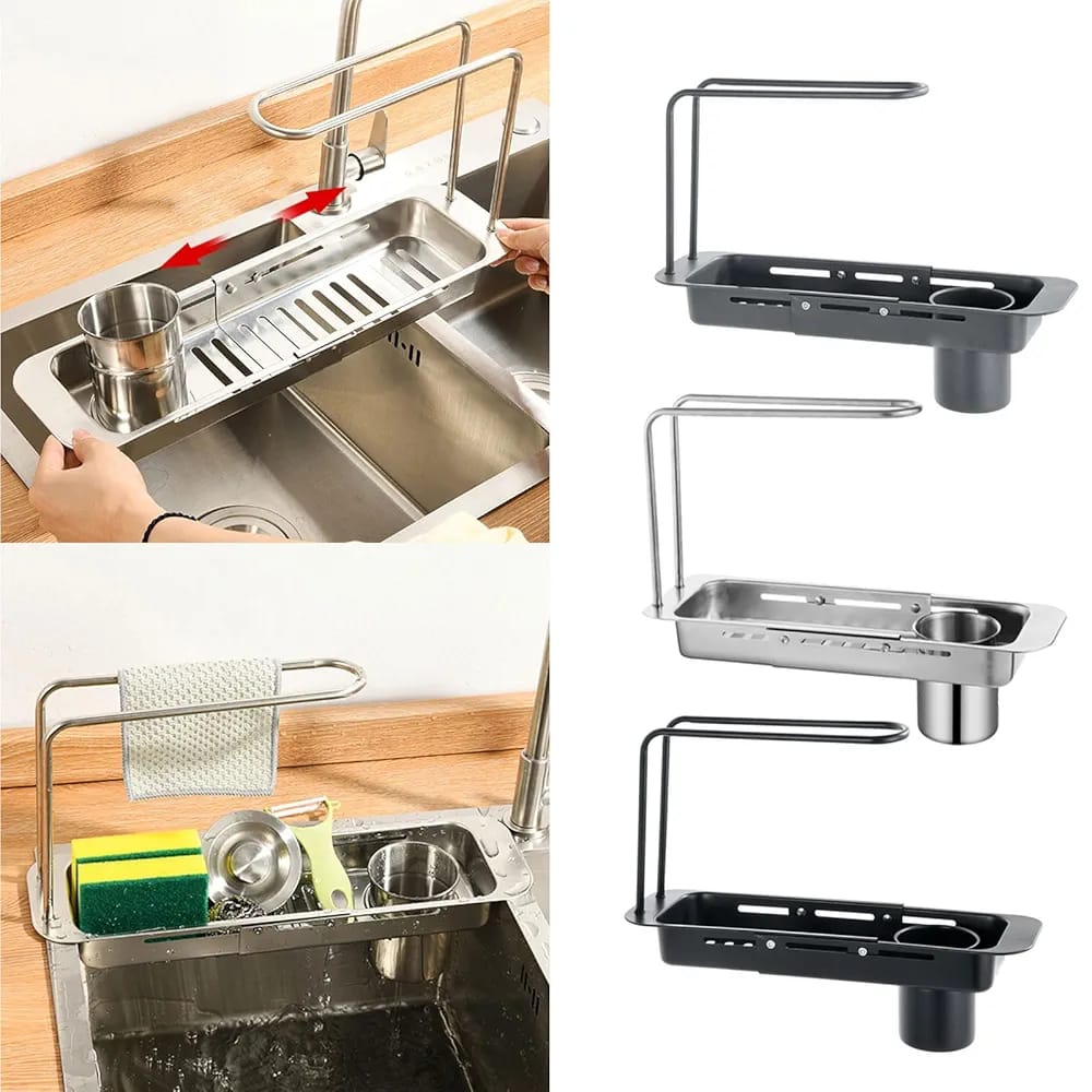 A Person is Expanding Attaching Kitchen Sink Organizer Storage Drain Rack on Sink.