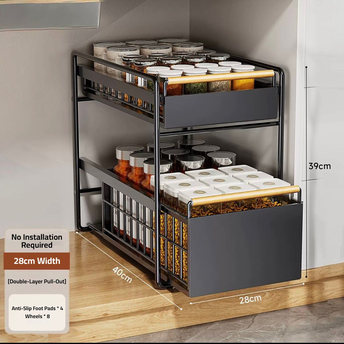 Size Of Under Sink Storage Rack Organized with Kitchen Essentials.