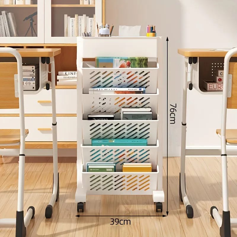 Size Of A Rolling Bookshelf Rack Is Organized with Books.