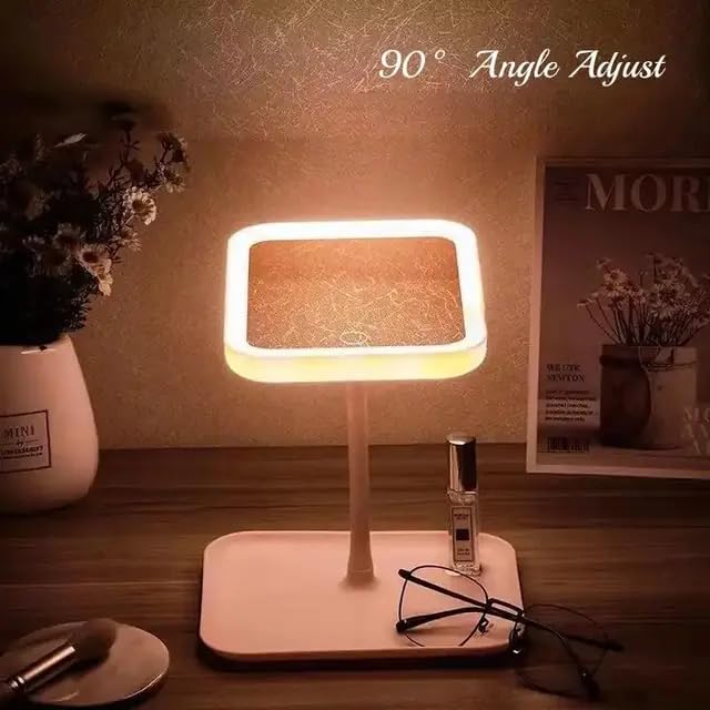 Smart LED Makeup Mirror is Placed Along with Cosmetics Items And Showing its Angle Adjust.