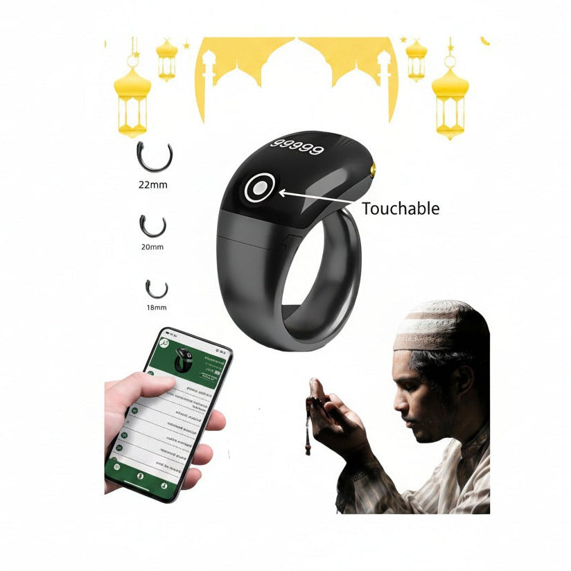 Smart Tasbih Ring with digital display, app on phone, and person using it, with white background