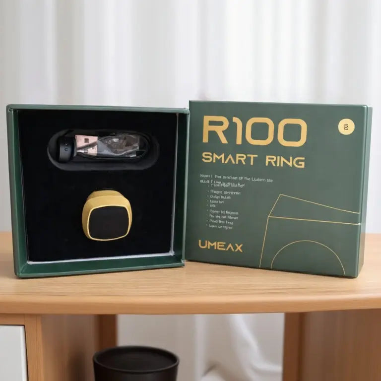 R100 smart ring in UMEAX packaging on a wooden table