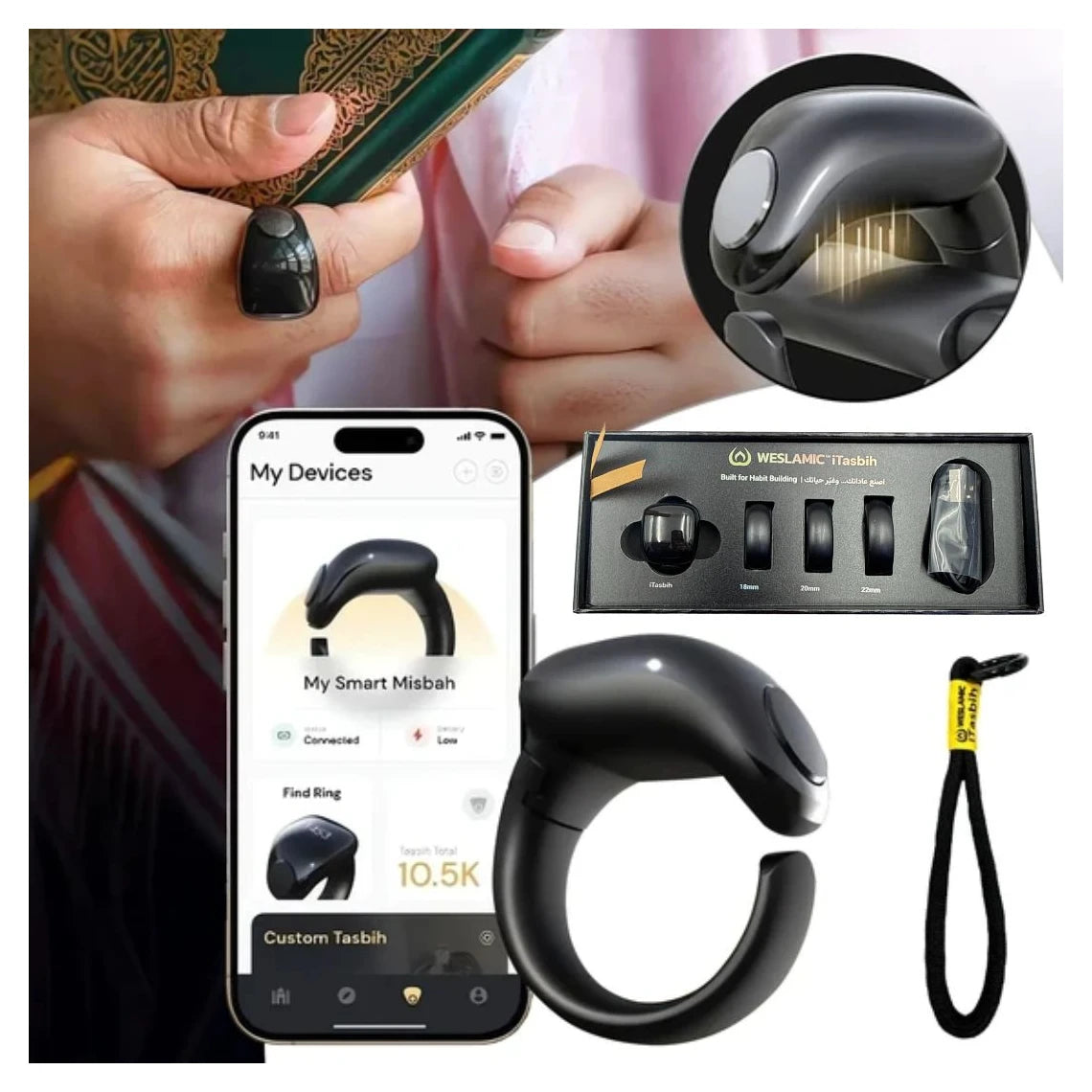 Image Shows a Person is wearing Smart Tasbih Zikr Ring Counter also App Interface of COunter.