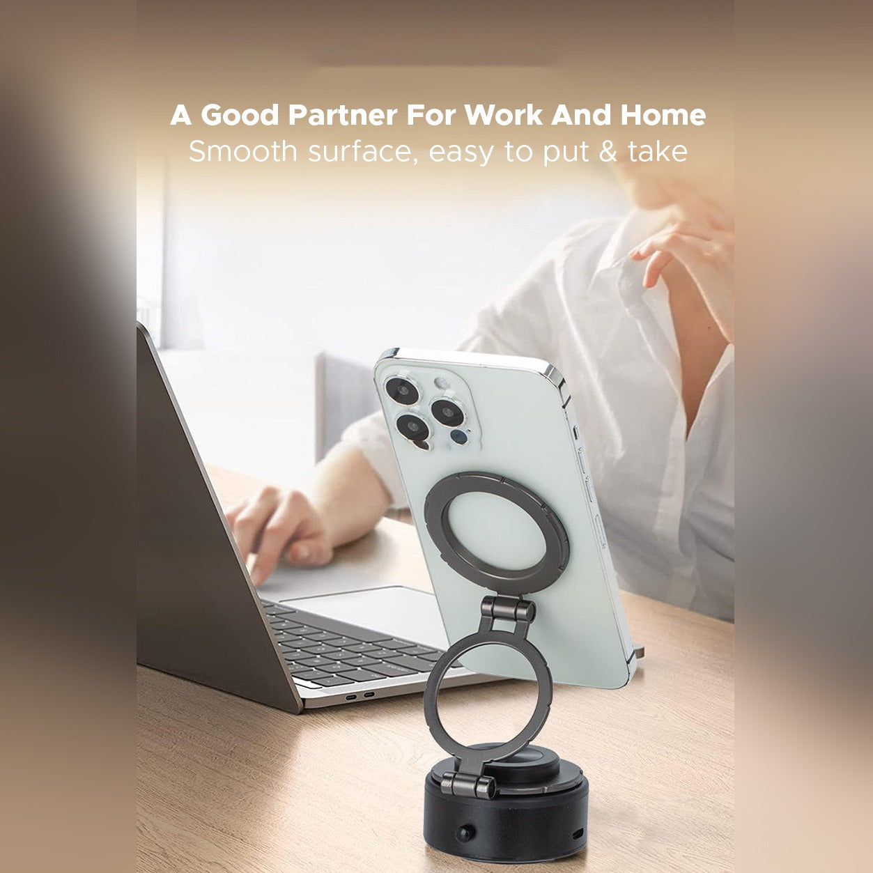 A Person Kept his Phone On Smart Vacuum Suction Phone Holder Type-C.